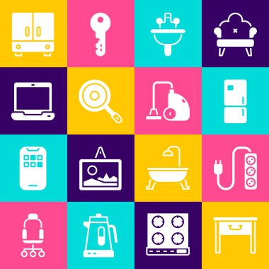 Mobilya sehpası, elektrik uzantısı, buzdolabı, lavabo, kızartma tavası, dizüstü bilgisayar, gardırop ve elektrik süpürgesi ikonu. Vektör