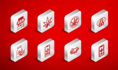 İnternet üzerinden esrar, marihuana veya kenevir yaprağı, Stop, test tüpü, alışveriş arabası ve eczane ve tıbbi şişe ikonu almak. Vektör