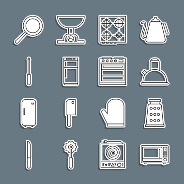 Hattı ayarla. Mikrodalga fırın, Grater, saplı kettle, gaz sobası, buzdolabı, bıçak açacağı, kızartma tavası ve fırın ikonu. Vektör