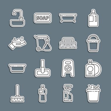 Sabun köpüklü kova, bulaşık deterjanı ve tabak, küvet, çöp tenekesi, çamaşır sepeti, lavabo musluğu ve temizlik ikonu için fırça getirin. Vektör