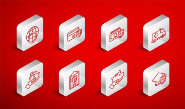 Kalkan, kredi kartı, para, acil durum, domuz kumbarası, dünya kalkanı, belge ve ev sigortası ikonu ile mezuniyet serisi ayarla. Vektör