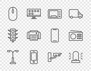 Sokak lambasını, Flasher sirenini, mikrodalga fırını, akıllı telefonu, bilgisayar faresini, yazıcıyı, güvenlik kamerasını ve radyo ikonunu ayarla. Vektör