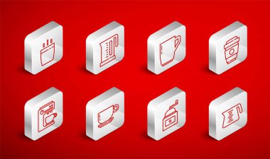 Hattı ayarla. Kahve demliği, elektrikli çaydanlık, bardak, paket, el yapımı kahve öğütücü ve makine ikonu. Vektör