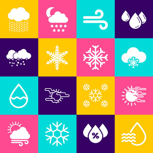 Set Water drop percentage, Fog and sun, Cloud with snow, Wind, Snowflake and  icon. Vector