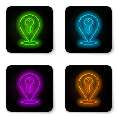 Parlayan neon çizgi Konum anahtarı simgesi beyaz arkaplanda izole edildi. Ev anahtarının konsepti. Siyah kare düğme. Vektör.