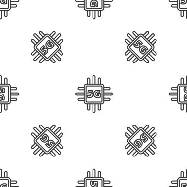 Gri çizgi bilgisayar işlemcisi 5G, mikro devreli işlemci simgesi, beyaz arkaplandaki kusursuz deseni izole etti. Devre kartlı çip ya da işlemci. Mikro işlemci. Vektör.