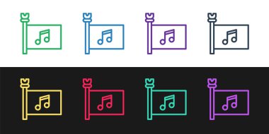 Set çizgisi Müzik Festivali, erişim, bayrak, müzik notası simgesi siyah beyaz arka planda izole. Vektör.
