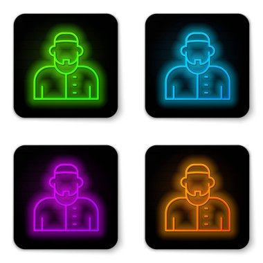 Glowing neon line Muslim man icon isolated on white background. Black square button. Vector