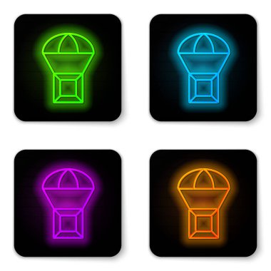 Parlayan neon hattı kutusunun paraşüt simgesiyle uçuşu beyaz arka planda izole edildi. Nakliye için paraşütlü paket. Teslimat servisi, hava taşımacılığı. Siyah kare düğme. Vektör