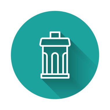 White line Trash can icon isolated with long shadow background. Garbage bin sign. Recycle basket icon. Office trash icon. Green circle button. Vector
