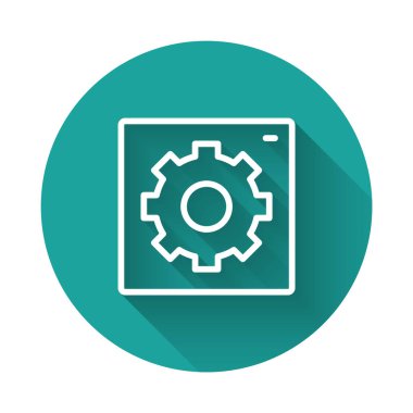 Beyaz çizgi ayarlama simgesi uzun gölge arkaplanı ile izole edildi. Aletler, servis, dişli, dişli, çark işareti. Yeşil daire düğmesi. Vektör