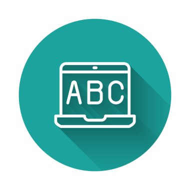 Farklı yabancı dilleri öğrenen beyaz çizgi, uzun gölge arkaplan ile izole edilmiş bir simge. Yeşil daire düğmesi. Vektör