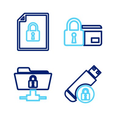 USB USB flash diskini kilit, FTP klasörü ve kredi kartı ve belge simgesiyle ayarla. Vektör