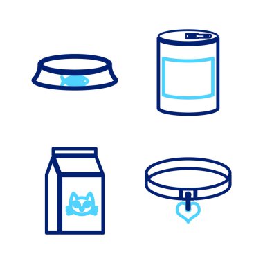 Yaka, kalp, kedi maması, konserve ve evcil hayvan kasesi ikonu. Vektör