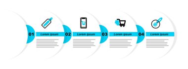 Fiyat etiketini dolarla, alışveriş arabasıyla, cep telefonuyla, alışveriş merkeziyle ve bedava ikonla ayarla. Vektör