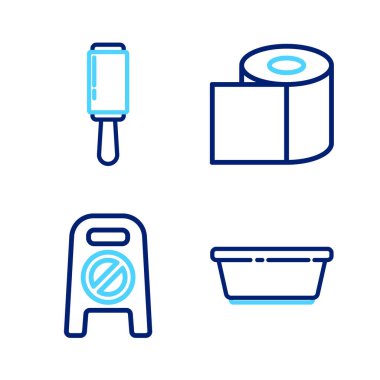 Plastik leğen, ıslak zemin ve temizlik süreci, tuvalet kağıdı rulosu ve yapışkan silindir ikonu. Vektör