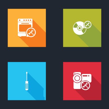 Fırın servisi, CD veya DVD diski, tornavida ve video kamera simgesini ayarla. Vektör.