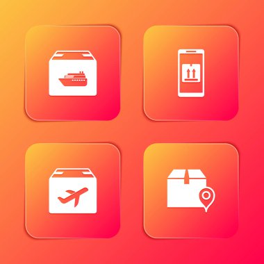 Kargo gemisini kutularla, mobil uygulama takibi, uçak ve karton ve konum simgesiyle ayarlayın. Vektör.