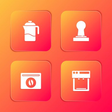 Fransız makinesini, kahve makinesini, kahve çekirdeğini ve makine ikonunu hazırla. Vektör.