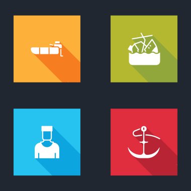 Motorlu, batan yolcu gemisi, denizci kaptanı ve Anchor ikonuyla şişme bot ayarlayın. Vektör