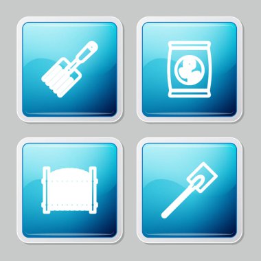 Bahçe çatalı, gübre torbası, çit ve kürek ikonu. Vektör.