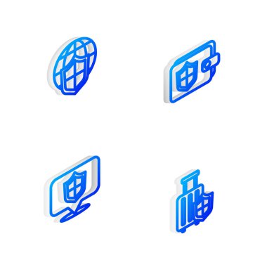 Isometric hattını kalkan, kalkan dünya küresi, konum ve seyahat çanta ikonu ile ayarla. Vektör