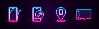 Hat cam ekran koruyucusu, cep telefonu servisi, telefon tamiratı ve mikro SD hafıza kartını ayarla. Parlayan neon ikonu. Vektör