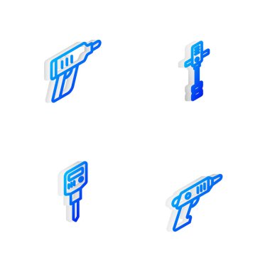 Elektrik hattını, beton karıştırıcıyı, kablosuz tornavidayı, inşaat matkabını ve ikonu ayarla. Vektör