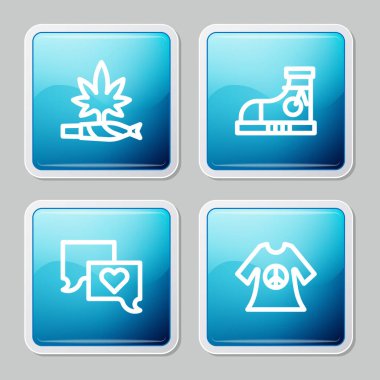 Marihuana marihuanası, esrar, spor ayakkabısı, konuşma balonu sohbeti ve barış elbisesi baskı ikonu. Vektör