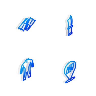 Isometric hattı dalış bıçağı, yüzmek için Flippers, dalgıç kıyafeti ve ikon ayarlayın. Vektör