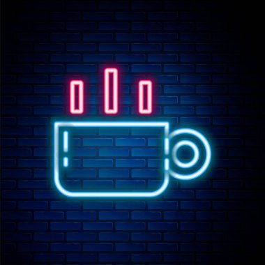 Parlayan neon hattı kahve fincanı simgesi tuğla duvar arkasında izole edilmiş. Çay fincanı. Sıcak içecek kahvesi. Renkli taslak konsepti. Vektör