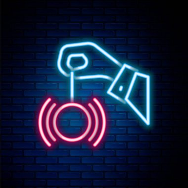 Parlayan neon hattı Hipnoz simgesi tuğla duvar arka planında izole edildi. Hipnotize edici göz ile insan gözü. Renkli taslak konsepti. Vektör