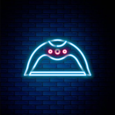 Parlayan neon hattı manikür lambası ikonu tuğla duvar arka planında izole edildi. Oje sürmek için ultraviyole lamba. Renkli taslak konsepti. Vektör