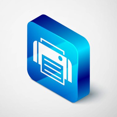 Gri arkaplanda Isometric Yazıcı simgesi izole edildi. Mavi kare düğme. Vektör.