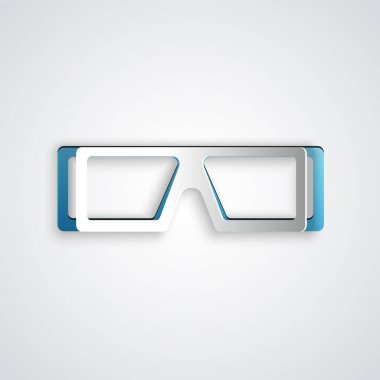 Kağıt kesiği, gri arka planda izole edilmiş 3 boyutlu sinema gözlüğü simgesi. Kağıt sanatı tarzı. Vektör.