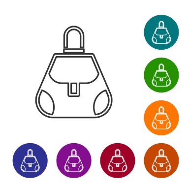 Beyaz arkaplanda siyah çizgi el çantası simgesi izole edildi. Kadın el çantası işareti. Glamour günlük bagaj sembolü. Simgeleri renk daire düğmelerine ayarla. Vektör.