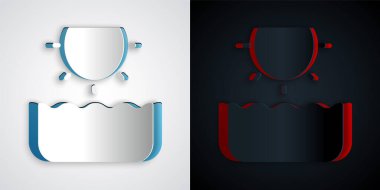 Kağıt kesiği Sun simgesi gri ve siyah arkaplanda izole edilmiş. Kağıt sanatı tarzı. Vektör