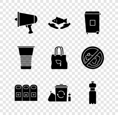 Haberi yayın, megafon, balık bakımı, çöp tenekesi, çöp tenekesi, geri dönüşümlü çöp kutusu, bir şişe su, kağıt bardak ve alışveriş ikonu. Vektör