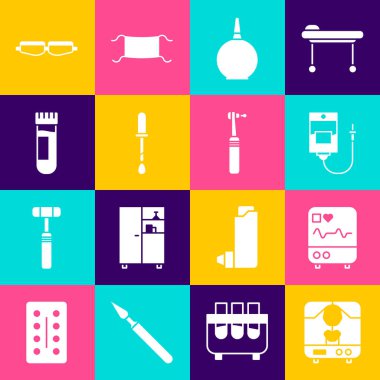 Röntgen cihazını, kardiyogramlı monitörü, serum torbasını, Enema 'yı, Pipette' i, tüp kanını, güvenlik gözlüğü gözlüğünü ve matkap ikonunu hazırlayın. Vektör