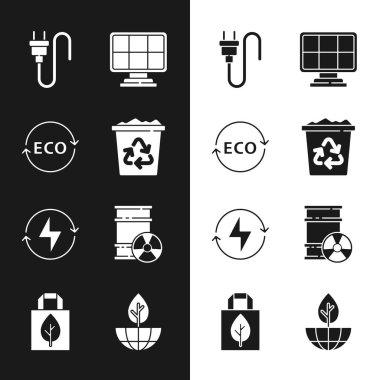 Geri dönüşüm kutusunu geri dönüşümle, etiketi ekolojik sağlıklı gıda, elektrik prizi, güneş enerjisi paneli, yıldırım, radyoaktif atık varili, dünya küresi ve bitki ve alışveriş poşeti ikonu için ayarla. Vektör