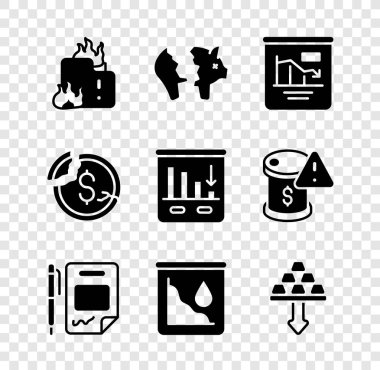 Yanan evde yangın çıkar, kırık domuz kumbarası, pasta grafiği bilgisi, kontrat parası ve kalem, ham petrol fiyatı düşür, altın külçeleri, dolar oranı düşüşü ve ikon. Vektör