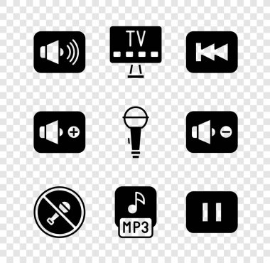 Hoparlör sesi, Akıllı TV, Geri sarma tuşu, Sessiz mikrofon, MP3 dosyası, Duraklat ve Mikrofon simgesini ayarla. Vektör