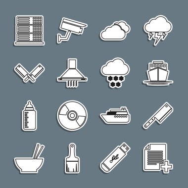 Satır Ekle Yeni Dosya, Et Helikopteri, Gemi, Bulut, Mutfak sökücü fan, Çapraz Et, Sunucu, Veri, Web Sunucusu ve kar simgesi ekle. Vektör