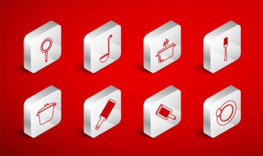 Bulaşık, mutfak kepçesi, yemek tenceresi, çatal, rende, kızartma tavası ve ikon. Vektör