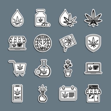 Marihuana, kenevir dükkanı, internette marihuana, kalkan, yaprak yağı, yasallaştırma ve tohum ikonu satın alma. Vektör