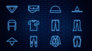 Çizgili pantolon, Beanie şapkası, Polo gömleği, kulaklıklı kış, erkek iç çamaşırı ve debriyaj çantası ikonu. Vektör