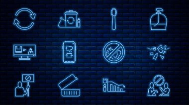 Hattı kurun Plastik kirliliğini durdurun, gezegen problemi, kullan-at kaşık, megafon mobil, yenileme, çöp yok ve geri dönüşüm ikonlu geri dönüşüm kutusu. Vektör