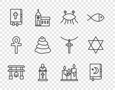 Japon Kapısı, Kur 'an' ın kutsal kitabı, Pastafarya 'cılık, vaaz veren kilise papazı, İncil, sıcak taşlar, yanan mumlar ve Star David ikonu. Vektör