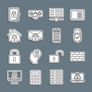 Satır dizüstü bilgisayarını ünlem işareti, güvenlik duvarı, kilitle ve kontrol et, Sunucu, Veri Sunucu, E- posta ileti kilidi şifresi, koruma altındaki ev, Tablet 'in kapalı asma kilit ve Mobil simgesi ile ayarla. Vektör