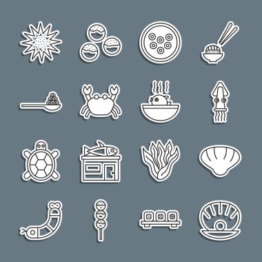 İnci, deniz kabuğu, ahtapot, havyar tabakta, yengeç, kaşık, deniz kestanesi ve kirpi balığı çorbası ikonu. Vektör